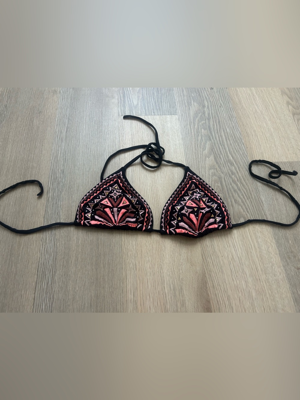 Xhilaration Black & Pink Embroidered Triangle Bikini Top